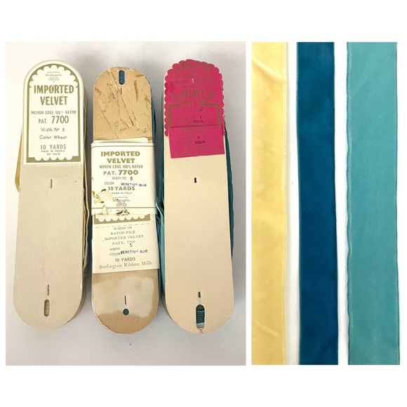 30 Yards Vtg Burlington Mills French Velvet Ribbon Venetian Blue, Aqua, Wheat - Picture 1 of 9